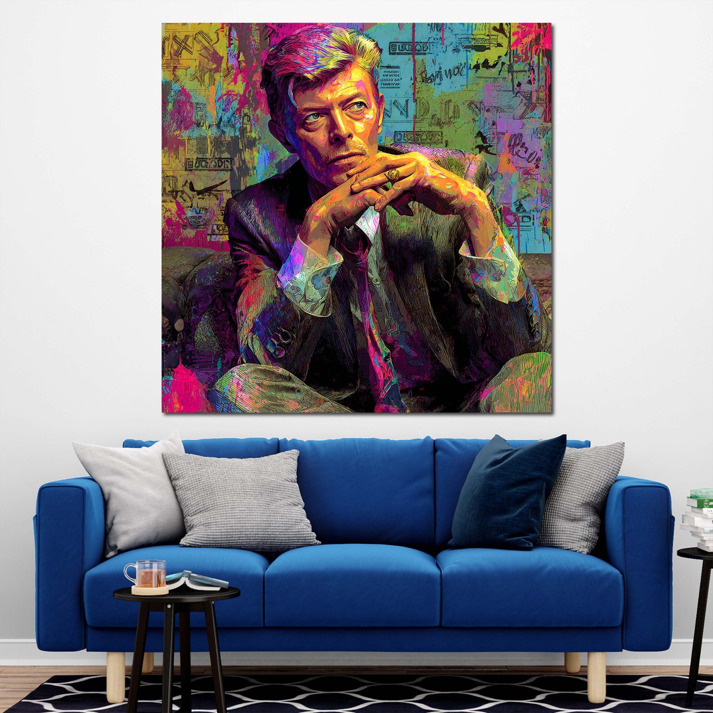 Pop Art Bowie Porträt im Anzug vor bunter Collage Wandbild