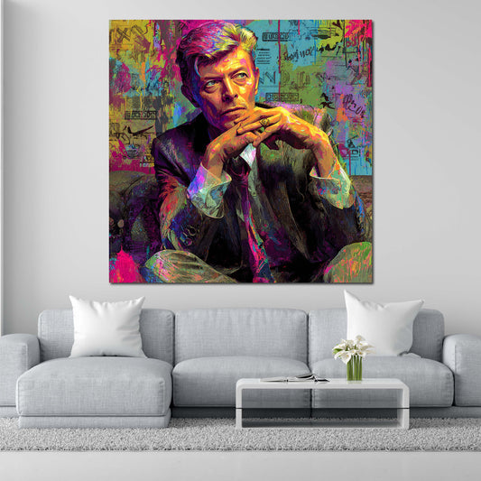 Pop Art Bowie Porträt im Anzug vor bunter Collage Wandbild