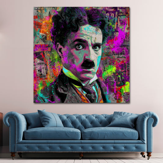 Pop Art Chaplin Porträt mit Neon Hintergrund Wandbild