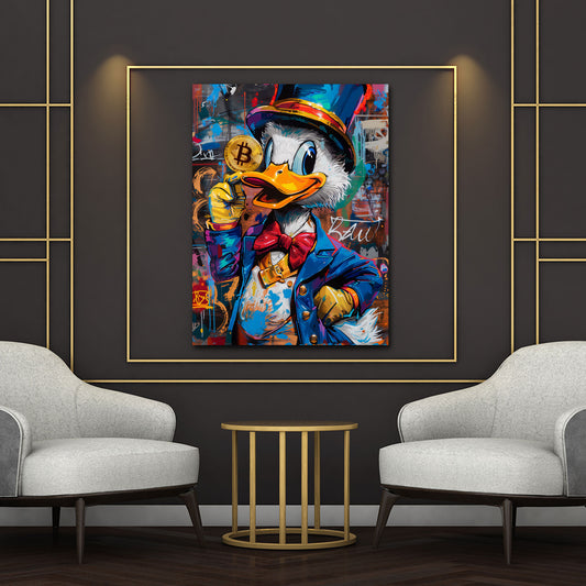 Pop Art Ente in Reichtum mit Bitcoin Geld Business Wandbild