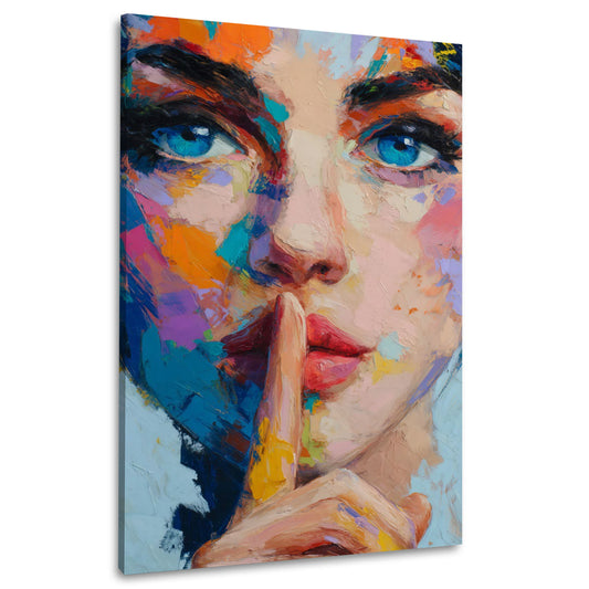 Pop Art Frauen Porträt buntes Gesicht blaue Augen Wandbild