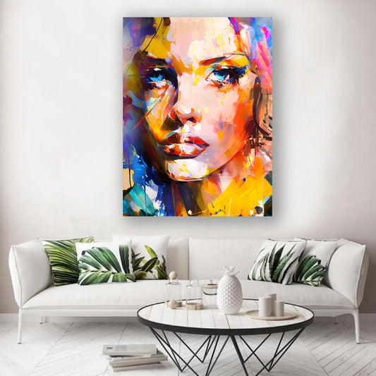 Pop Art Frauengesicht bunt Ausdrucksstark Wandbild