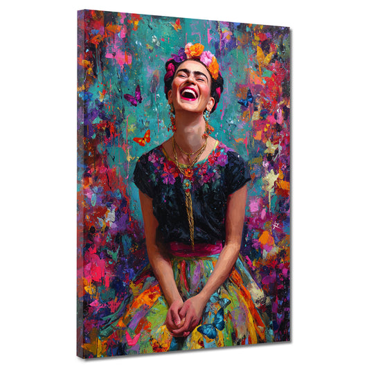 Pop Art Frida Porträt Farbenfreude Lachen Wandbild
