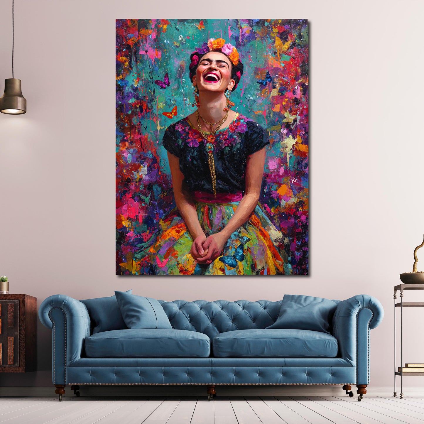 Pop Art Frida Porträt Farbenfreude Lachen Wandbild