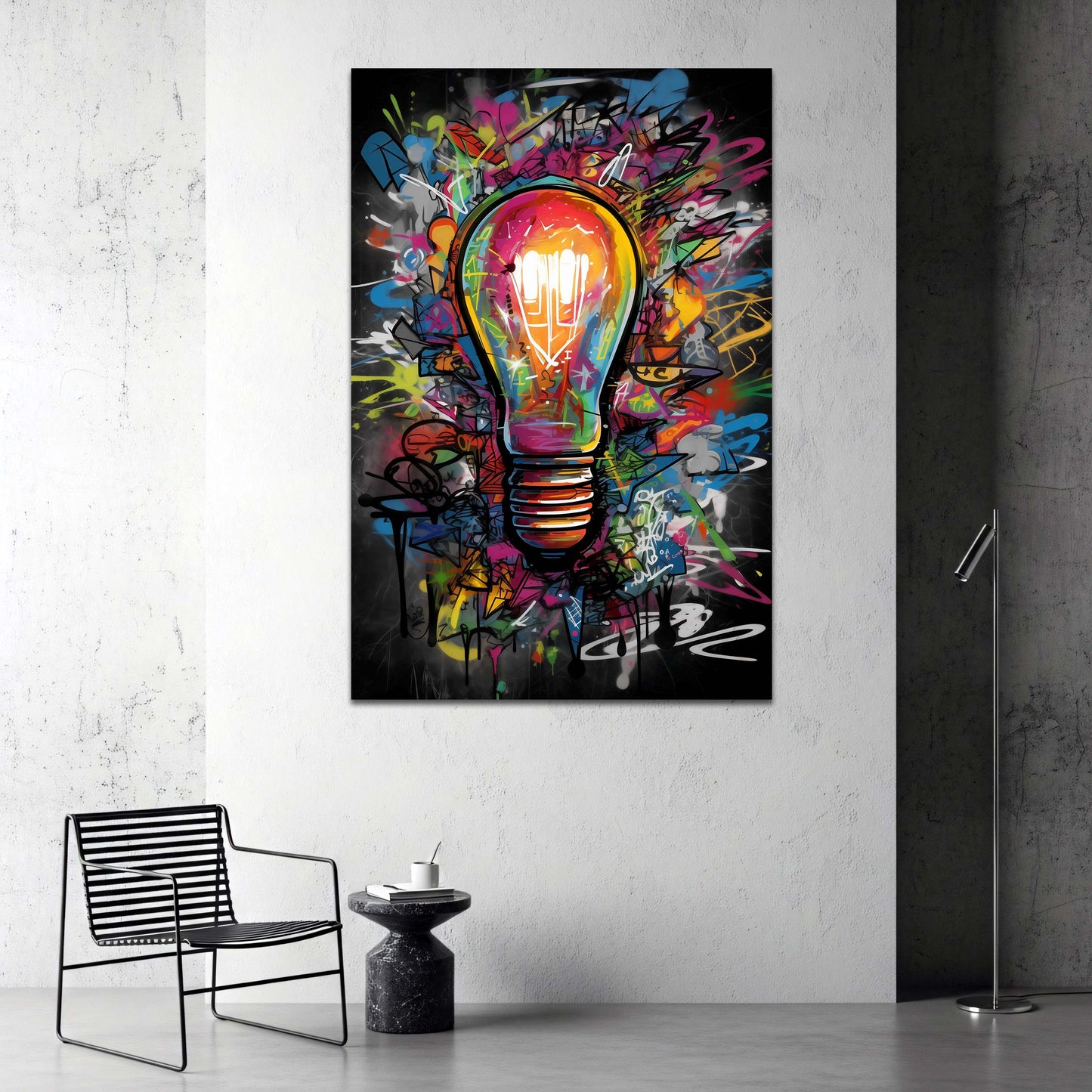 Pop Art Glühbirne in bunter Street Art Graffiti Wandbild