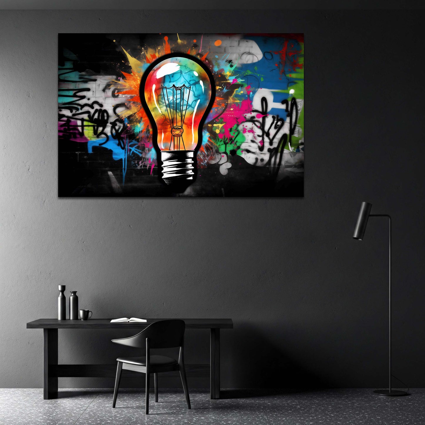 Pop Art Glühbirne in bunter Street Art und Graffiti Wandbild