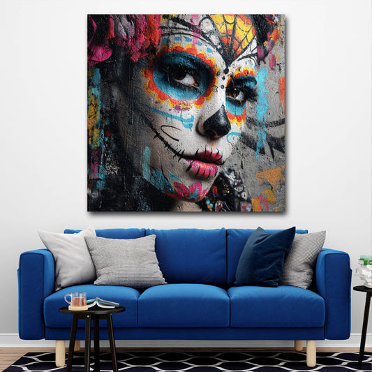 Pop Art La Catrina Frauengesicht buntes Porträt Wandbild