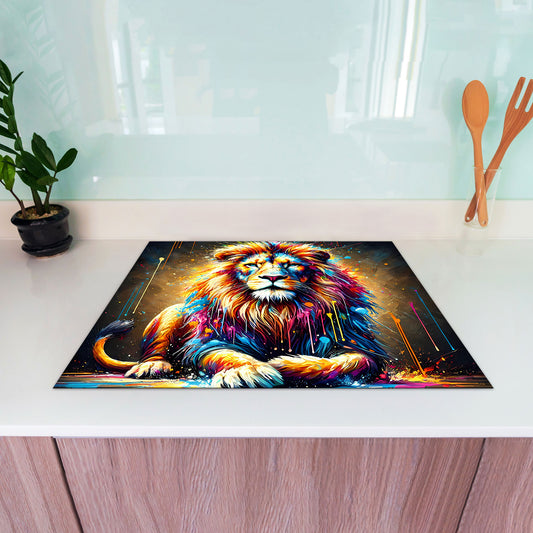 Pop Art Löwe sitzend Herdabdeckplatte Induktionsschutz für Ceranfeld & Küche Deko