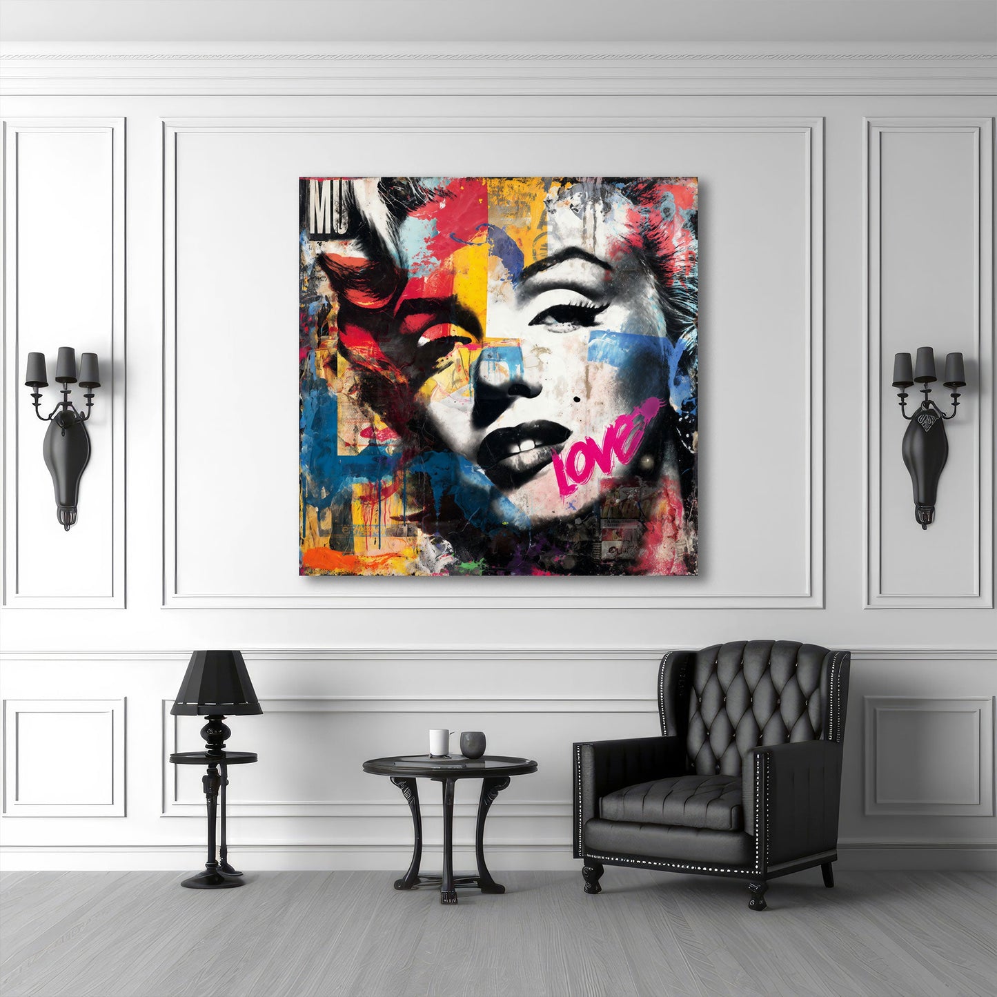 Pop Art Marilyn Porträt in schwarz-weiß mit Farbakzenten Wandbild