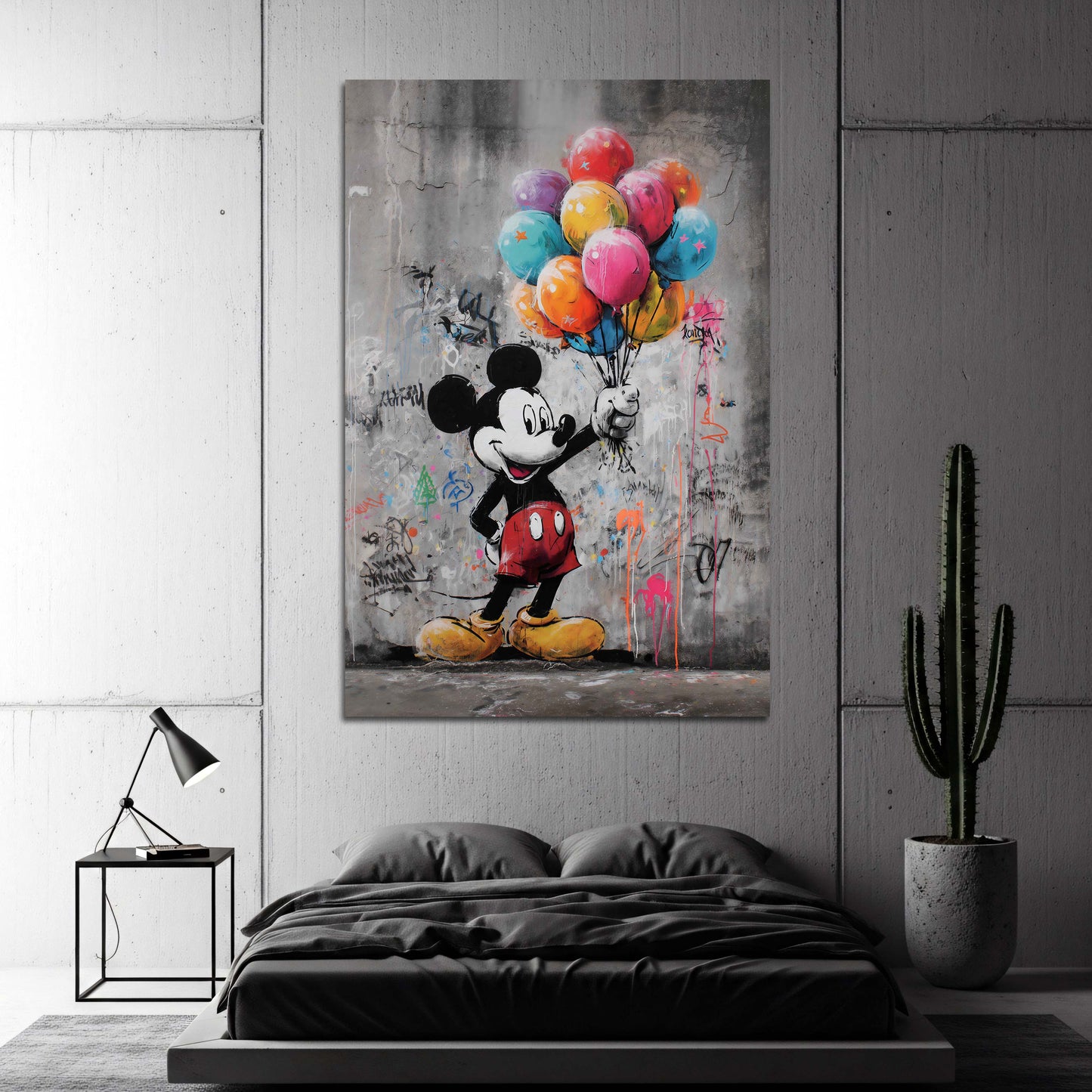 Pop Art Micky mit Luftballons vor Betonwand Wandbild