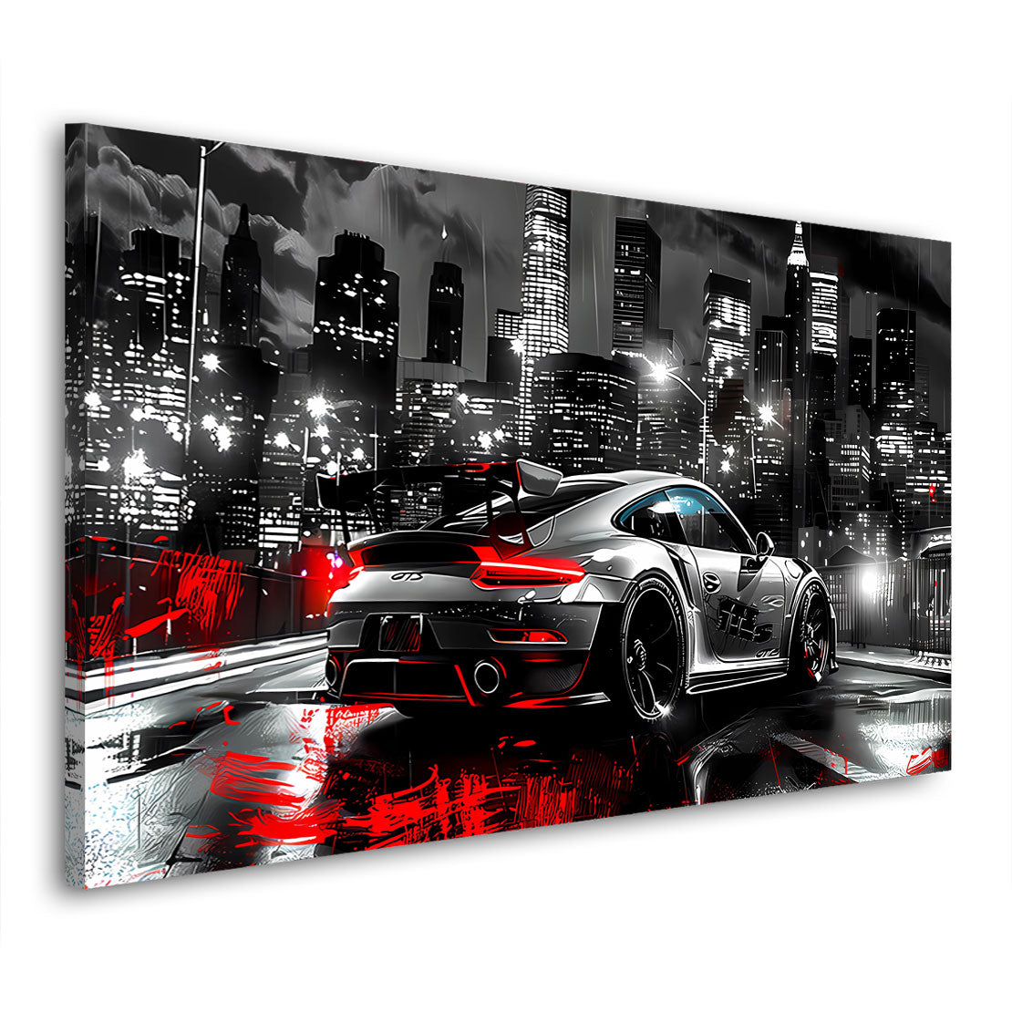 Pop Art Porsche Sportwagen Nacht Stadtlicht Wandbild