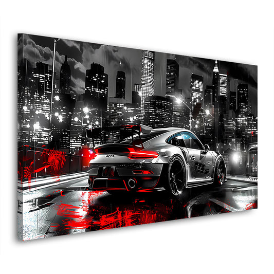 Pop Art Porsche Sportwagen Nacht Stadtlicht Wandbild