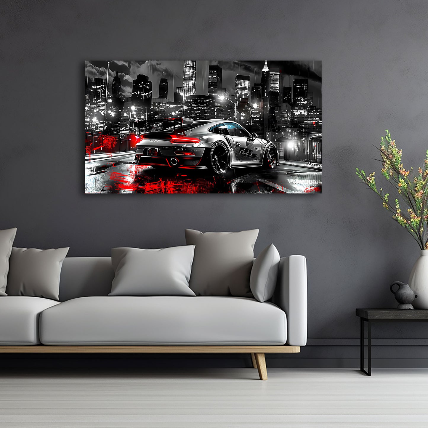 Pop Art Porsche Sportwagen Nacht Stadtlicht Wandbild