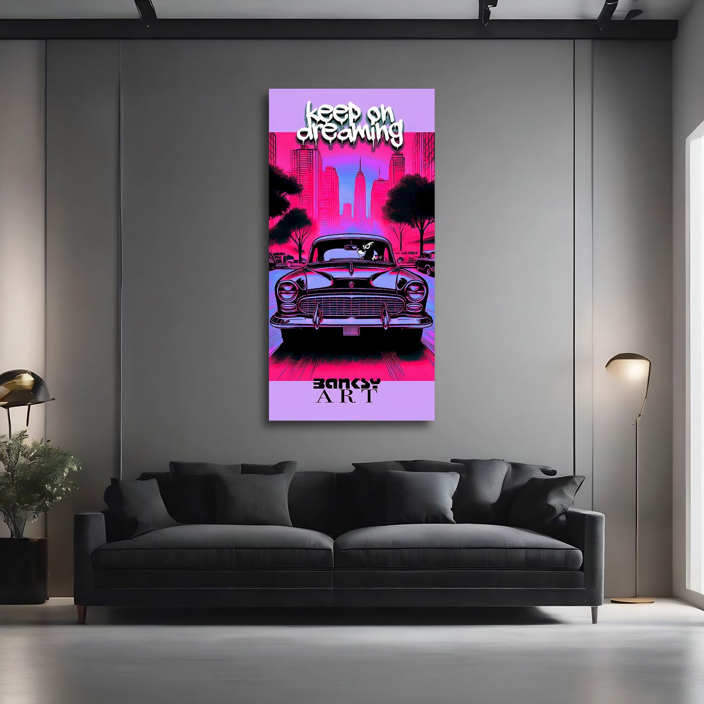 Pop Art Ratte am Steuer im Retroauto BANKSY-ART Wandbild