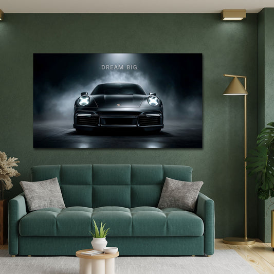 Porsche Sportwagen in Frontansicht Dream Big Motivation Wandbild