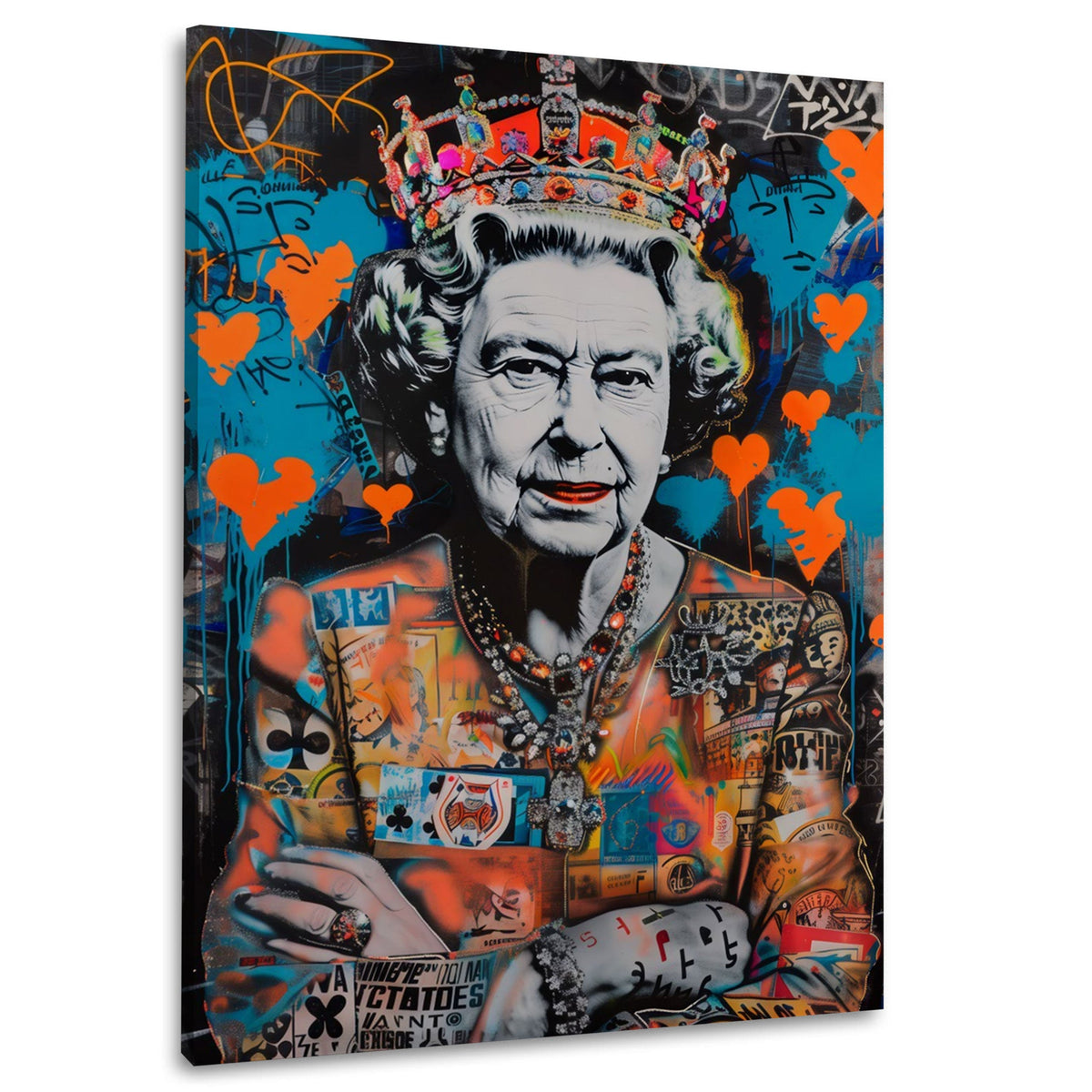 Queen mit Krone und Herzen Street Art Wandbild im Hochformat