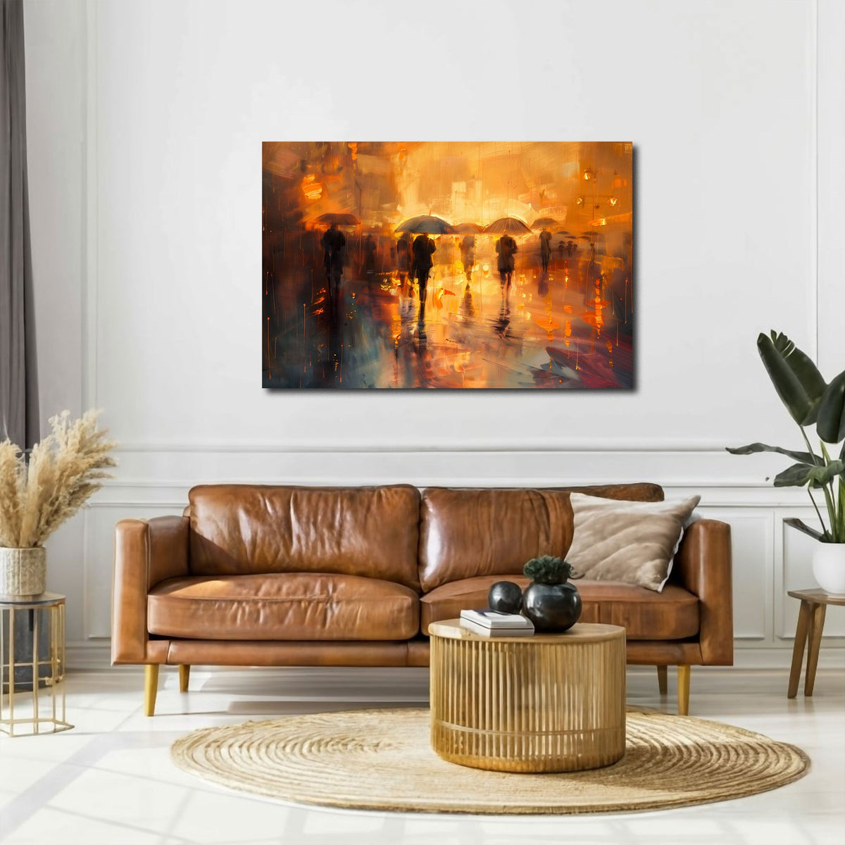 Stadt Wandbild in warmem Licht über einem Sofa im Wohnraum