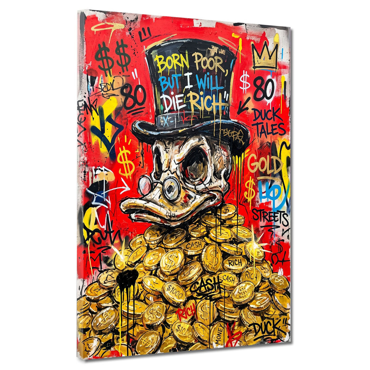 Reiche Comic Ente mit Zylinder auf Goldmünzen Pop Art Wandbild