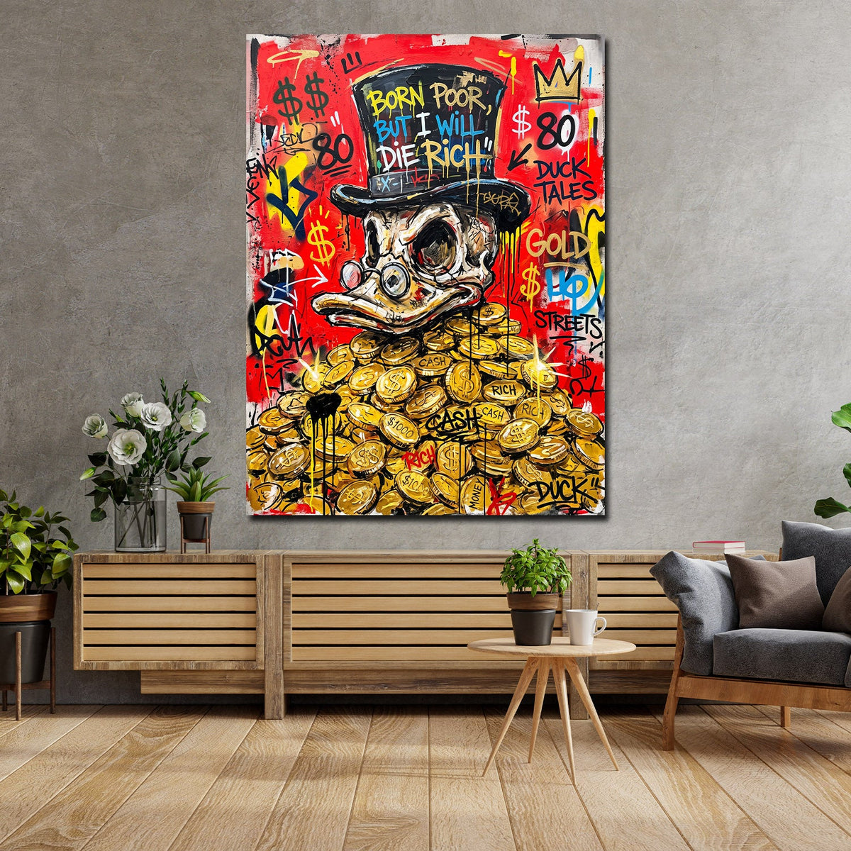 Comic Ente auf Goldmünzen Wandbild im Wohnzimmer