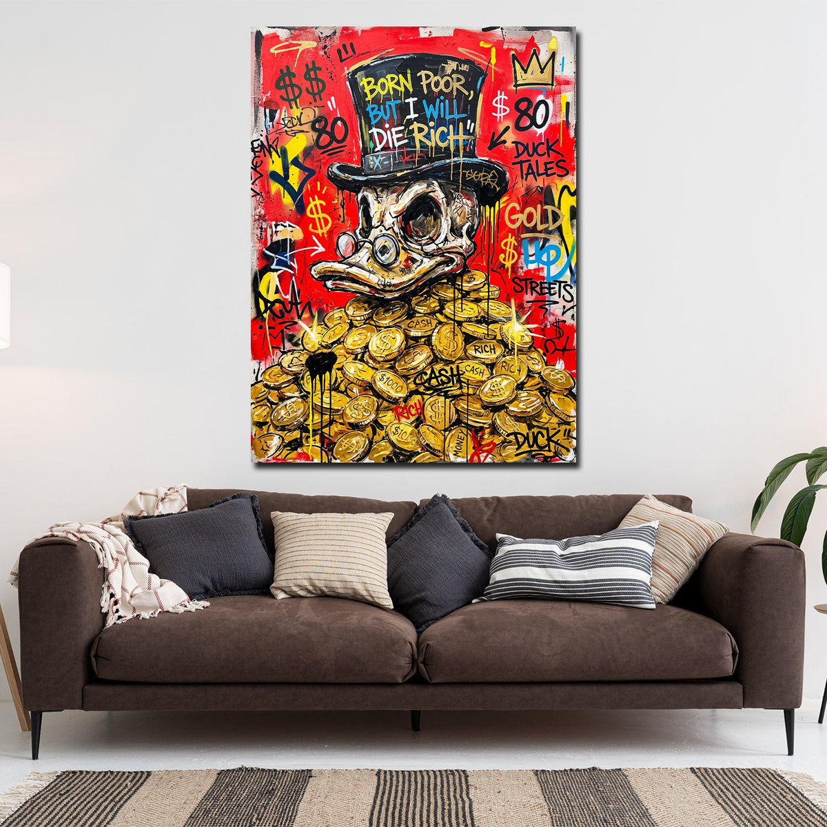 Comic Ente auf Goldmünzen Wandbild an der Wand im Raum