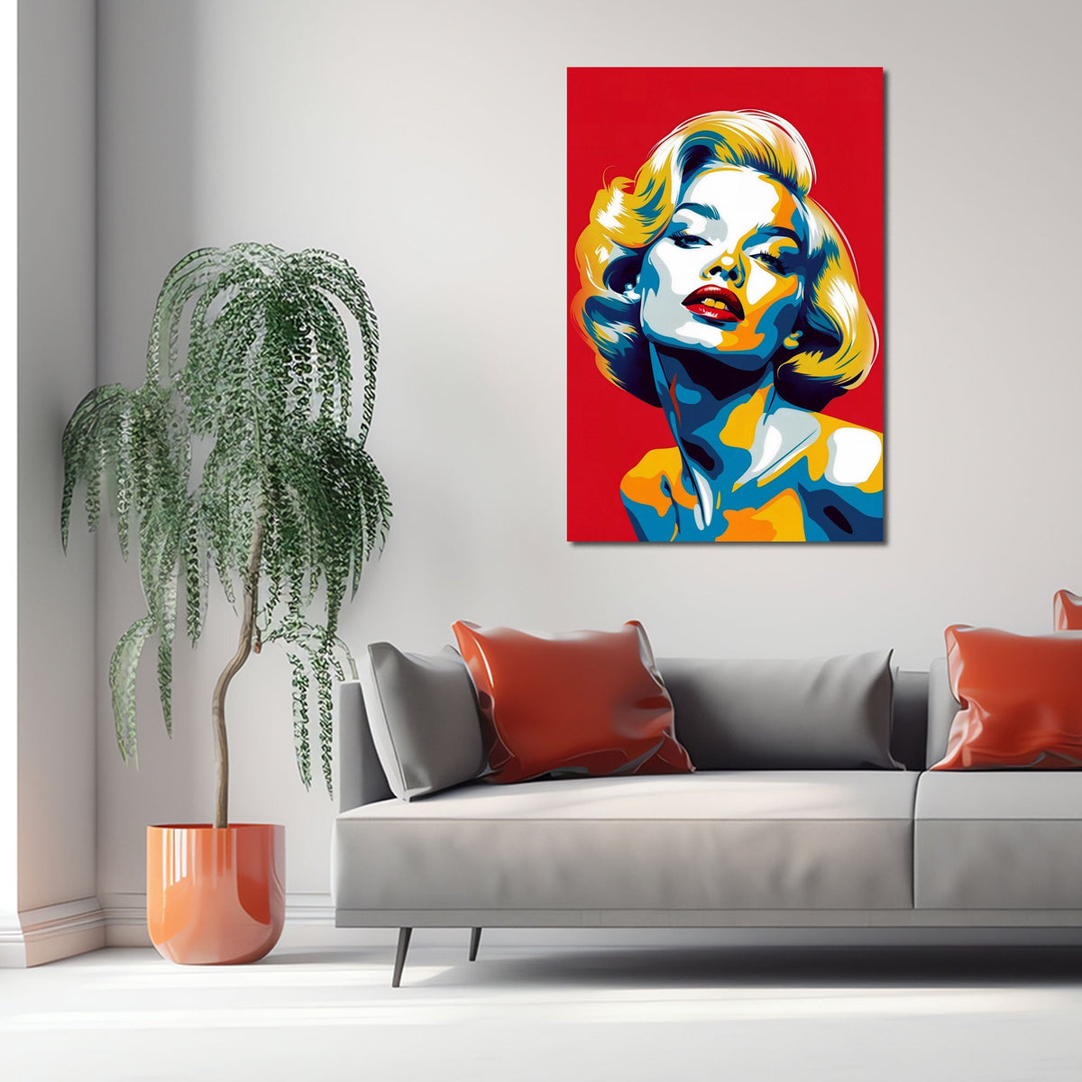 Pop Art Porträt Wandbild über einem Sofa im Wohnraum