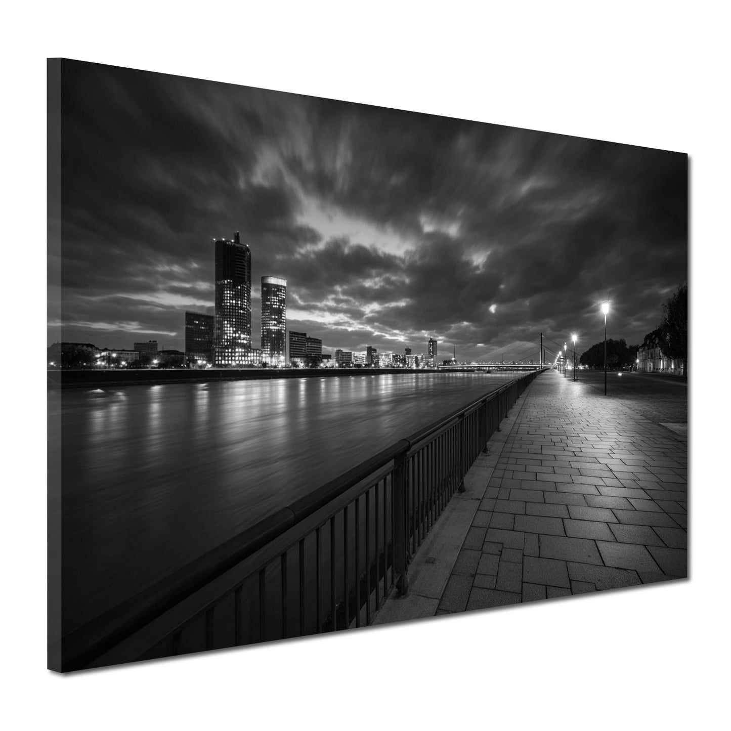 Rheinpromenade in Düsseldorf schwarz weiß Skyline nachts Wandbild