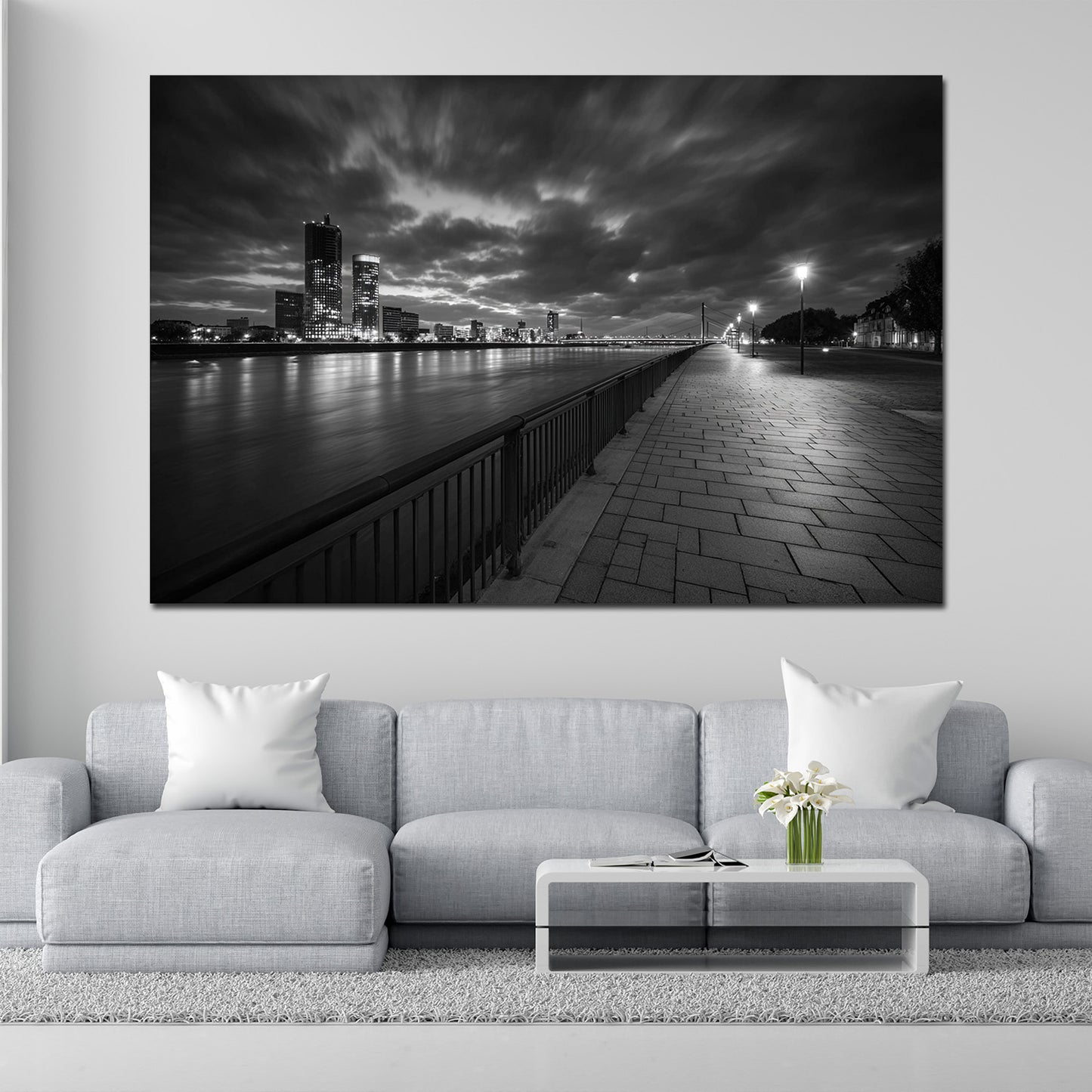 Rheinpromenade in Düsseldorf schwarz weiß Skyline nachts Wandbild