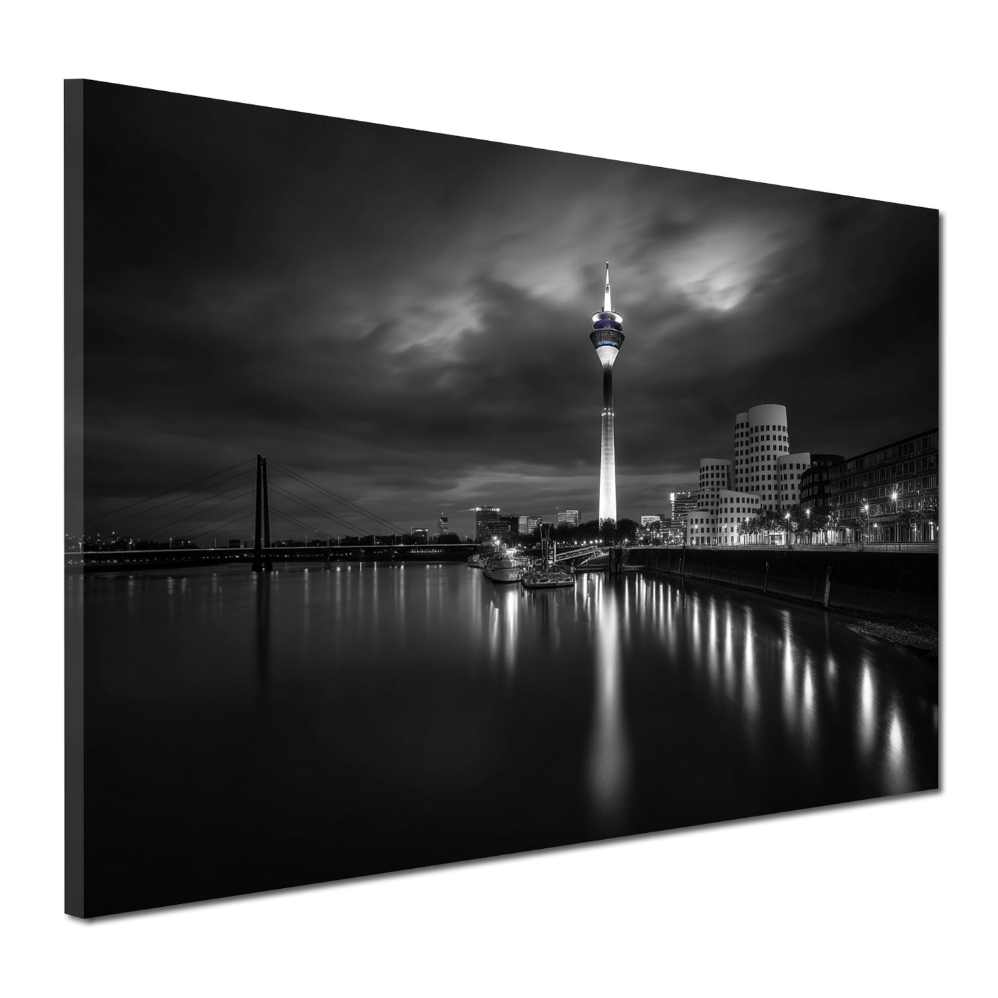 Rheinturm Düsseldorf schwarz weiß Wahrzeichen bei Nacht Wandbild