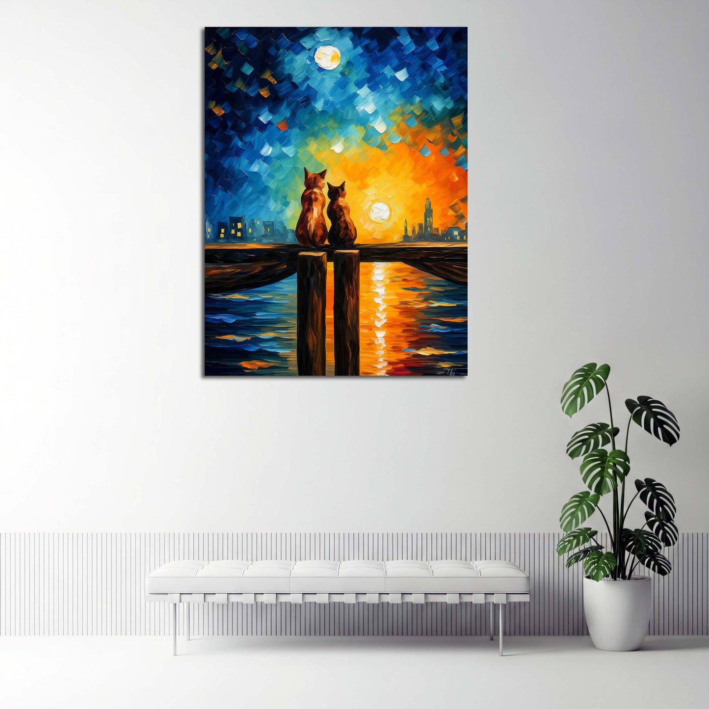 Romantische Katzen Sonnenuntergang Stadtmeer Wandbild