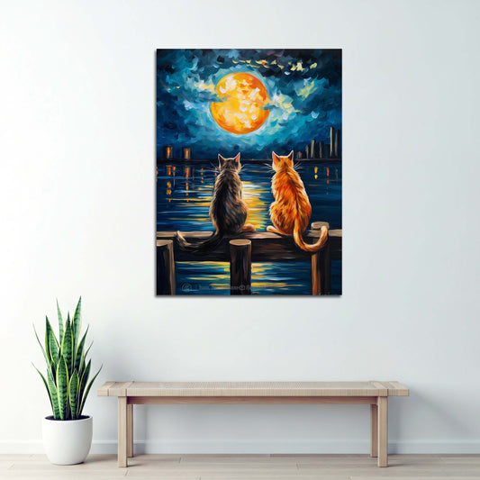 Romantische Katzen Vollmond Nacht See Wandbild