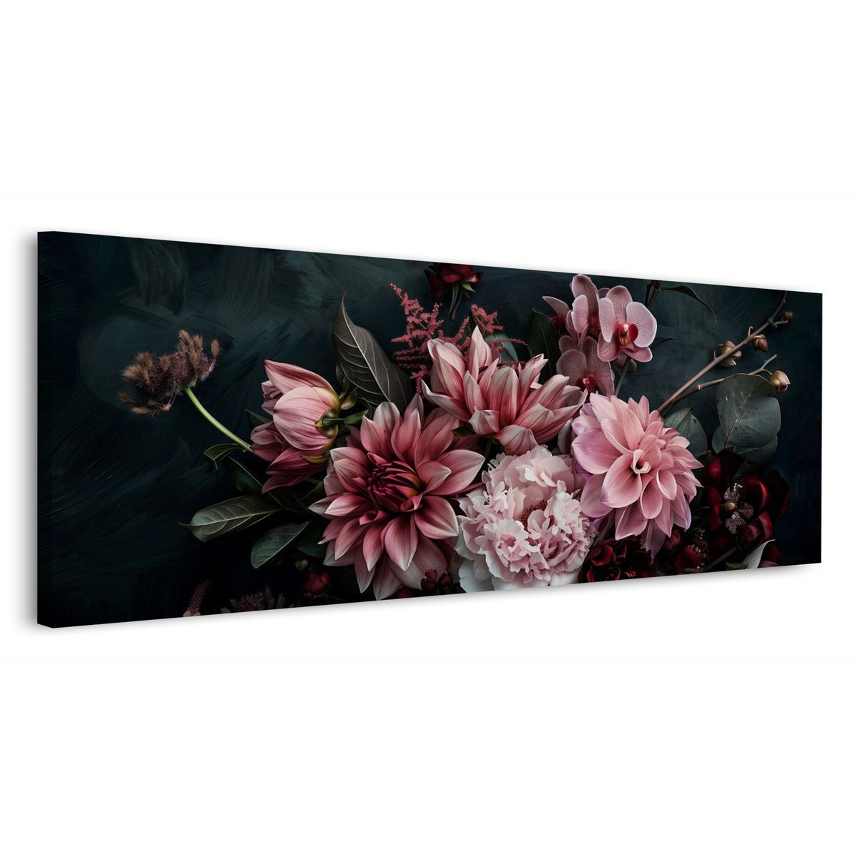 Rosa Dahlien und Orchideen auf Schwarz Panorama Wandbild