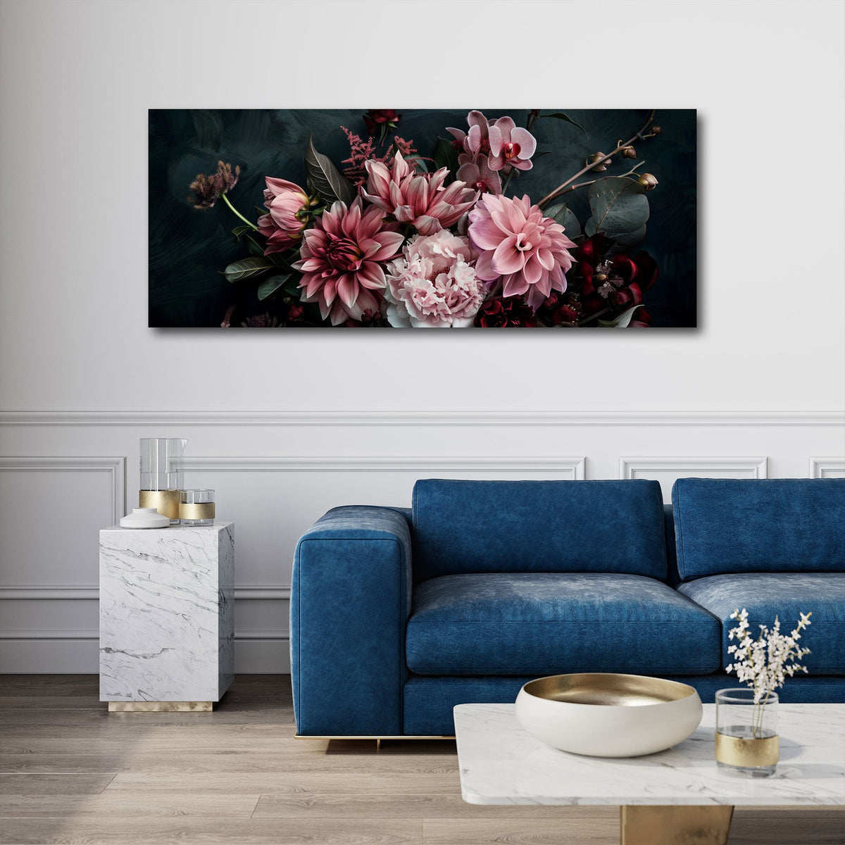 Rosa Dahlien und Orchideen auf Schwarz Panorama Wandbild