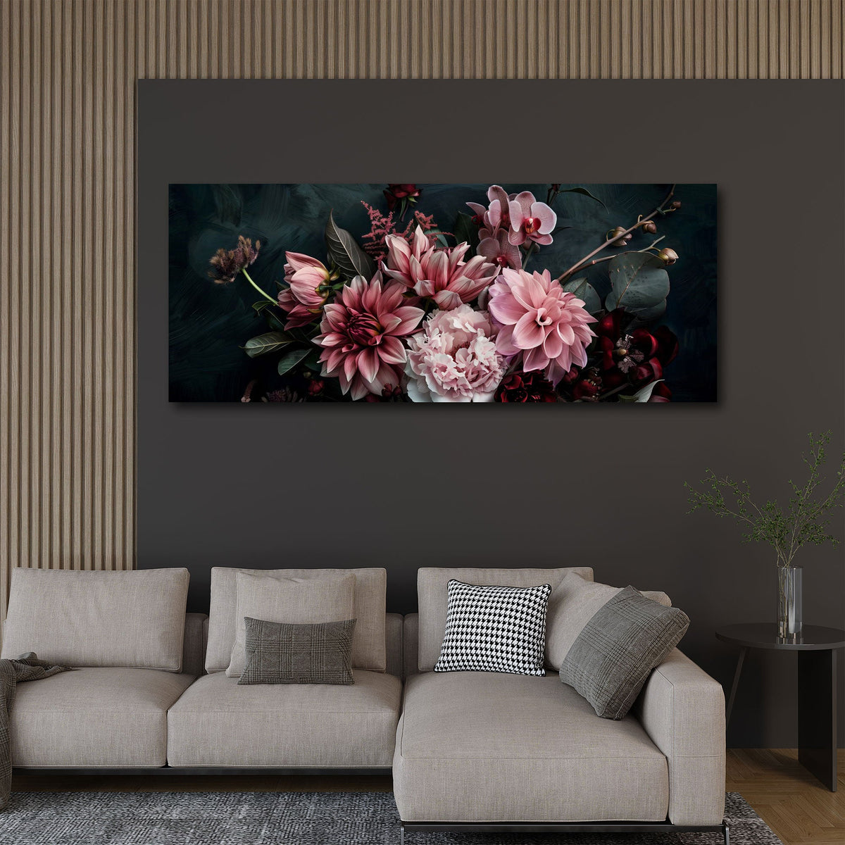 Rosa Dahlien und Orchideen auf Schwarz Panorama Wandbild