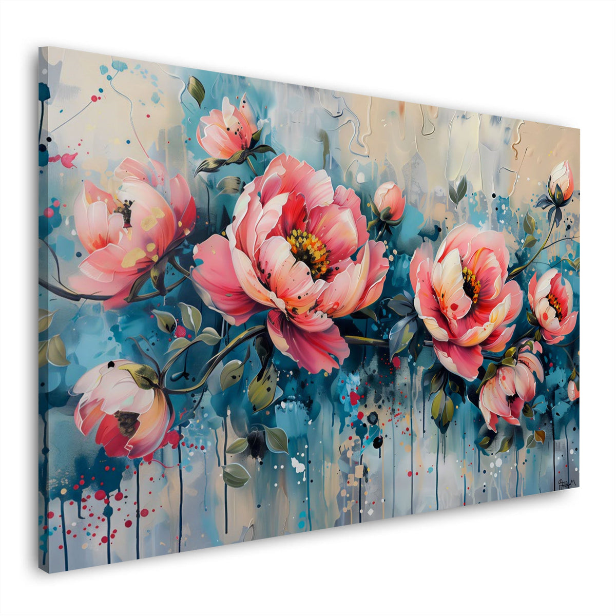 Rosa Pfingstrosen mit Farbverlauf in Türkis Wandbild im Querformat