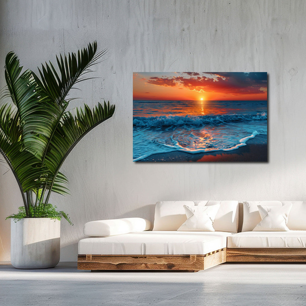 Maritimes Wandbild über einem Sofa im Wohnraum
