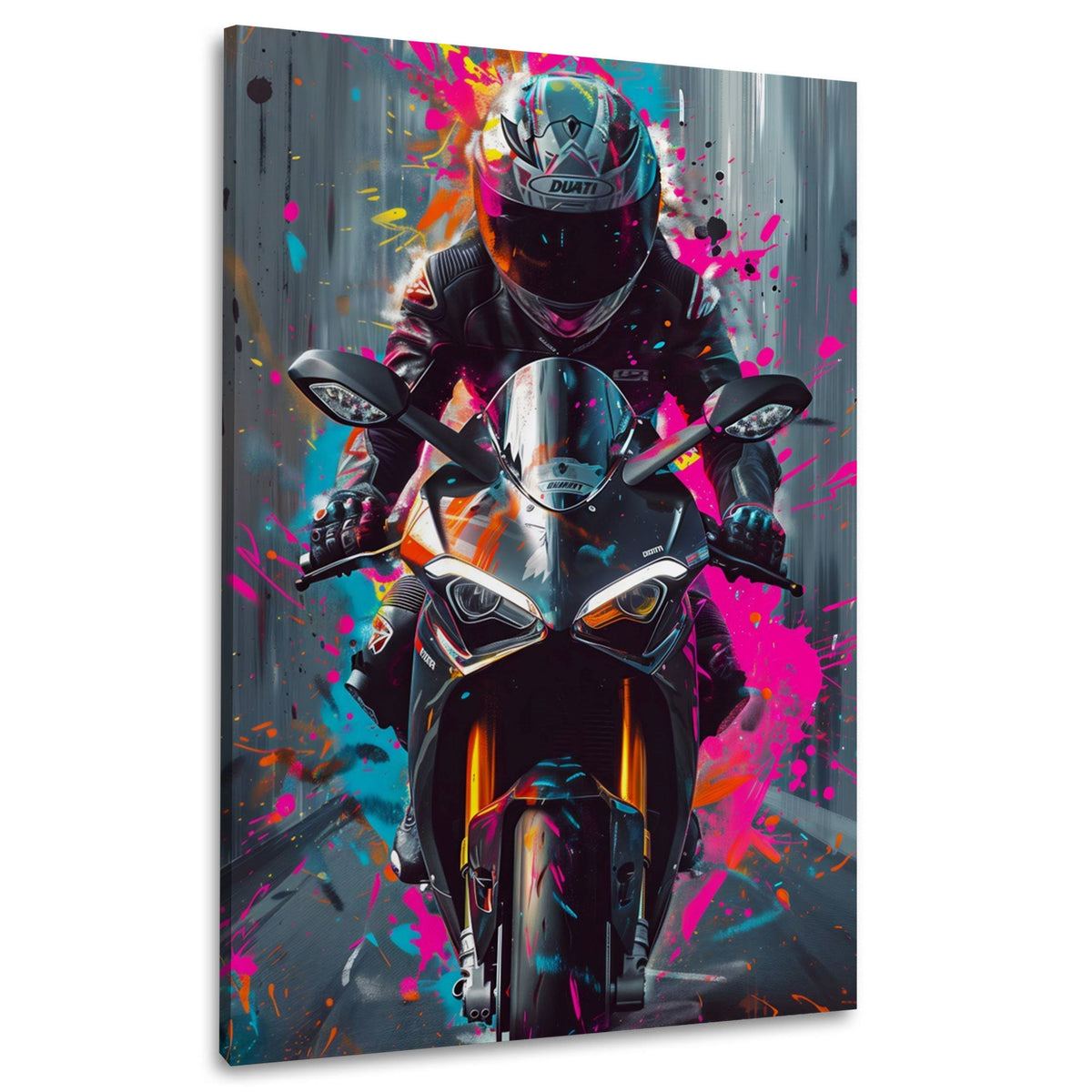 Schwarzes Rennmotorrad frontal mit pinken Farbspritzern Wandbild