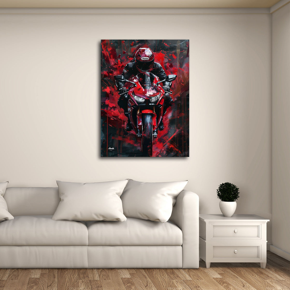 Rotes Rennmotorrad mit Fahrer frontal Street Art Wandbild