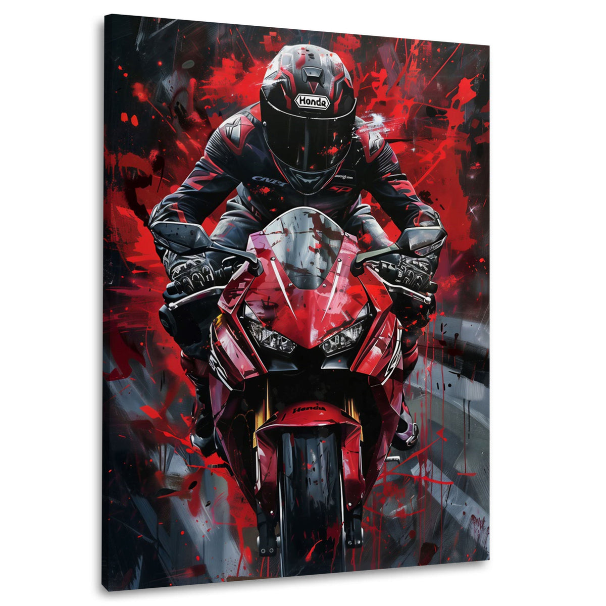 Rotes Superbike mit Fahrer vor dunklem Hintergrund Wandbild