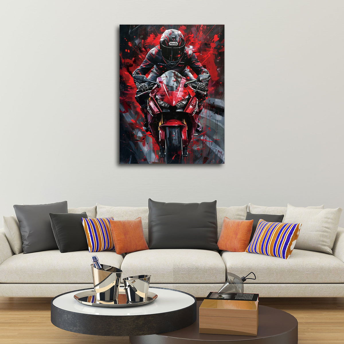 Rotes Superbike mit Fahrer vor dunklem Hintergrund Wandbild