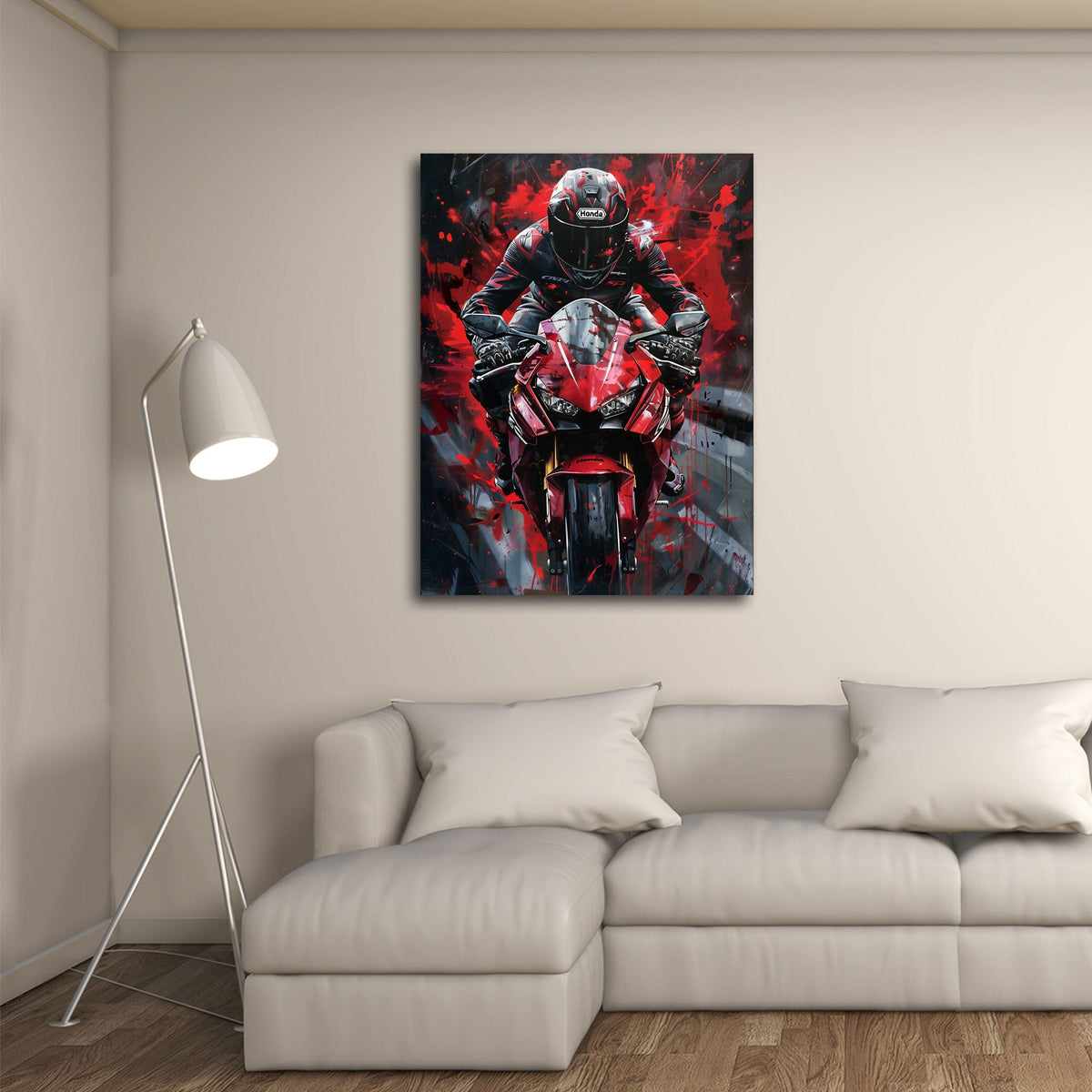 Rotes Superbike mit Fahrer vor dunklem Hintergrund Wandbild