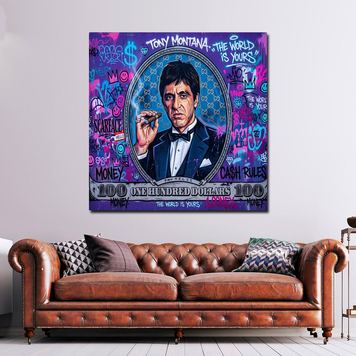 Scarface 100 Dollar Pop Art Wandbild an der Wand im Raum