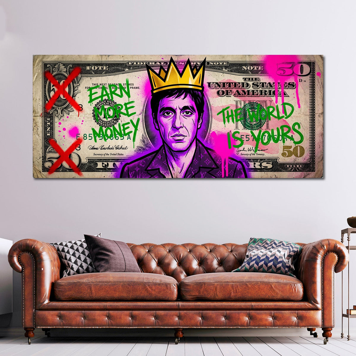 Dollarschein Pop Art mit Krone und Graffiti Wandbild