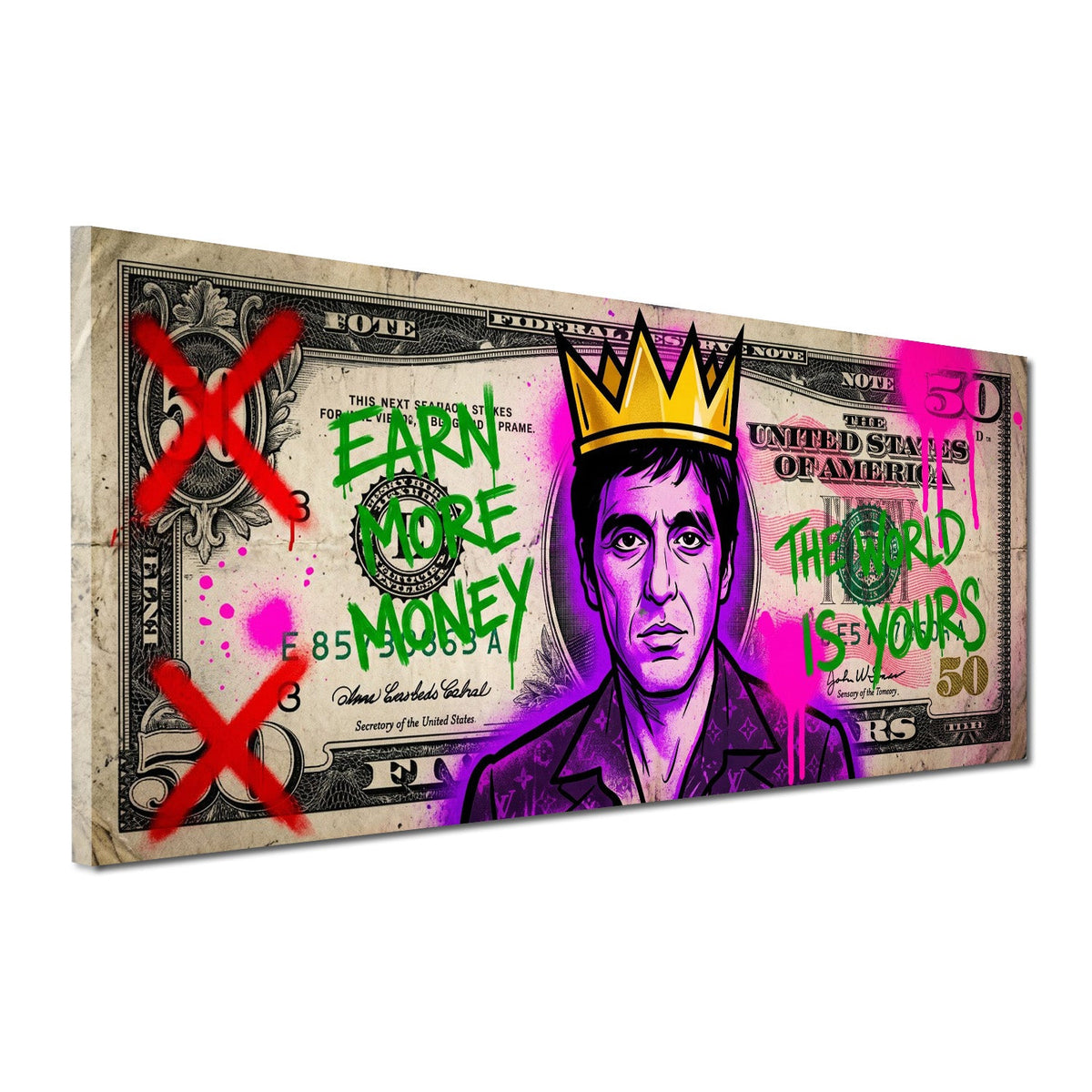 Dollarschein Pop Art mit Krone und Graffiti Wandbild