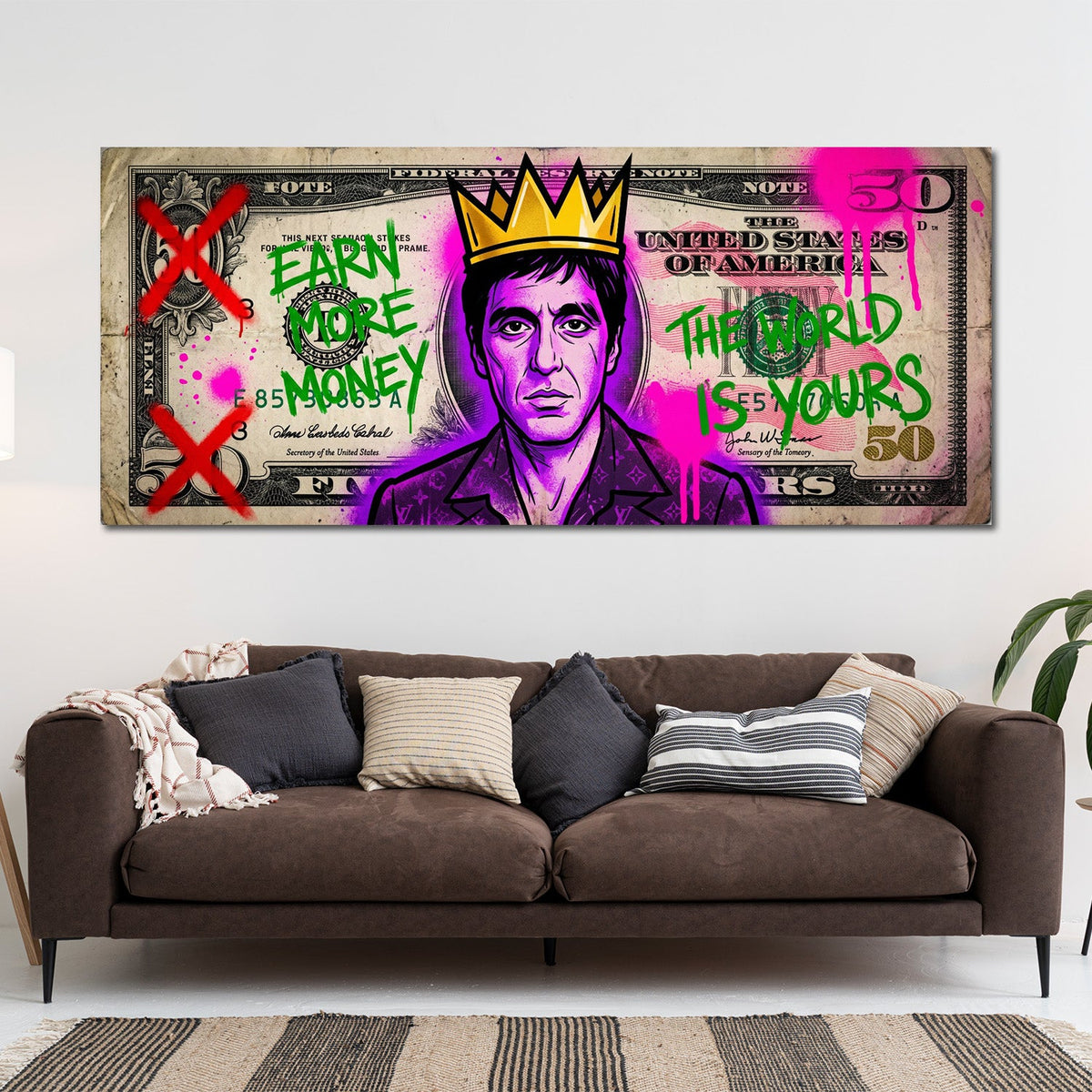 Dollarschein Pop Art mit Krone und Graffiti Wandbild