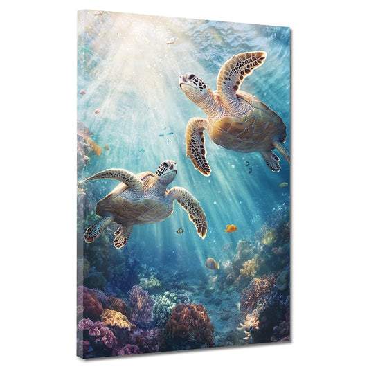 Schildkröten Unterwasser Sonnenstrahlen Korallenriff Wandbild