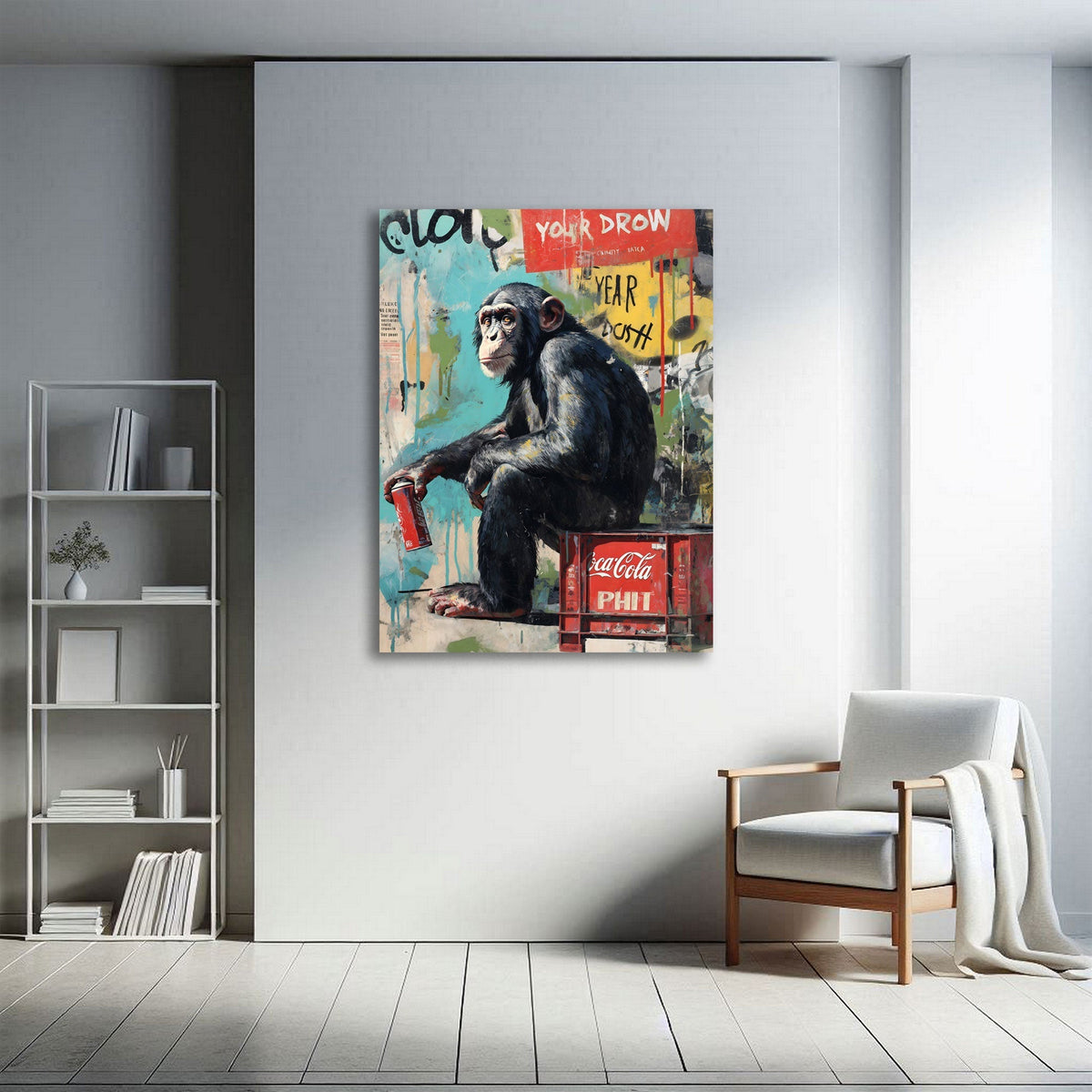 Schimpanse Graffiti Wandbild in zarten Farbverläufen im Wohnraum