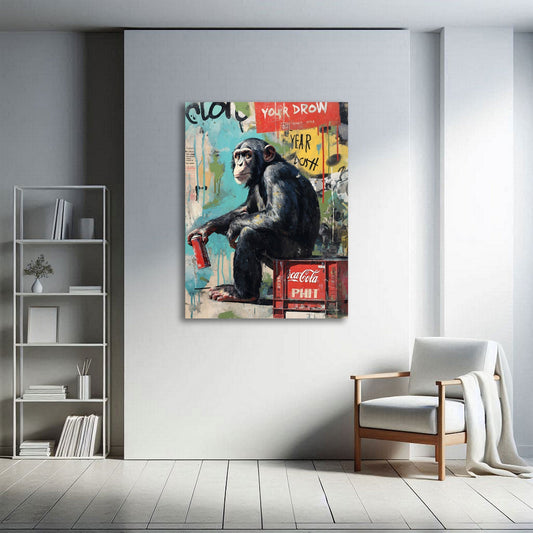 Schimpanse Graffiti Aquarell Wandbild im Wohnraum