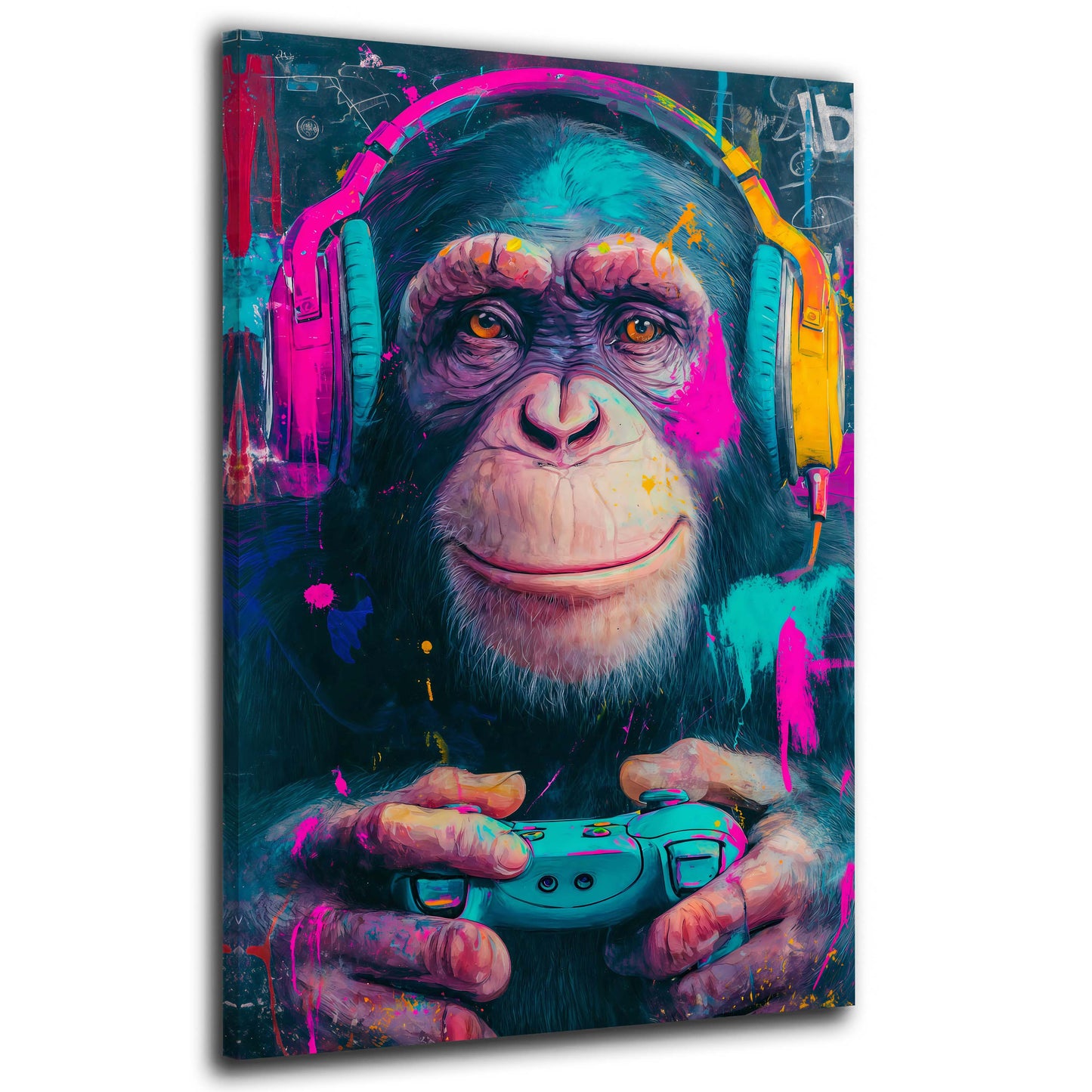 Schimpanse mit Headset und Gamepad in Neon Farben Wandbild