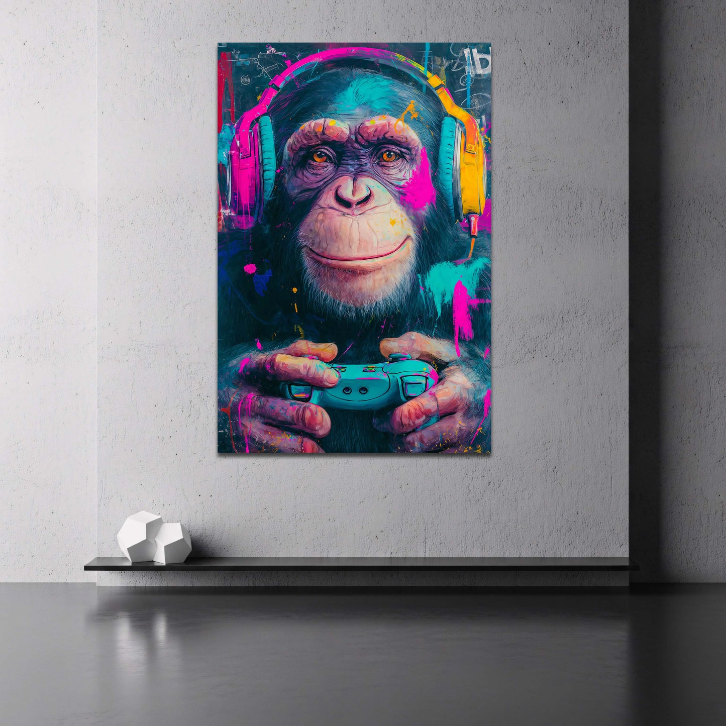 Schimpanse mit Headset und Gamepad in Neon Farben Wandbild
