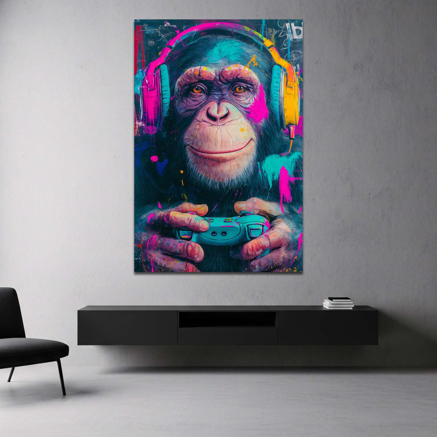Schimpanse mit Headset und Gamepad in Neon Farben Wandbild